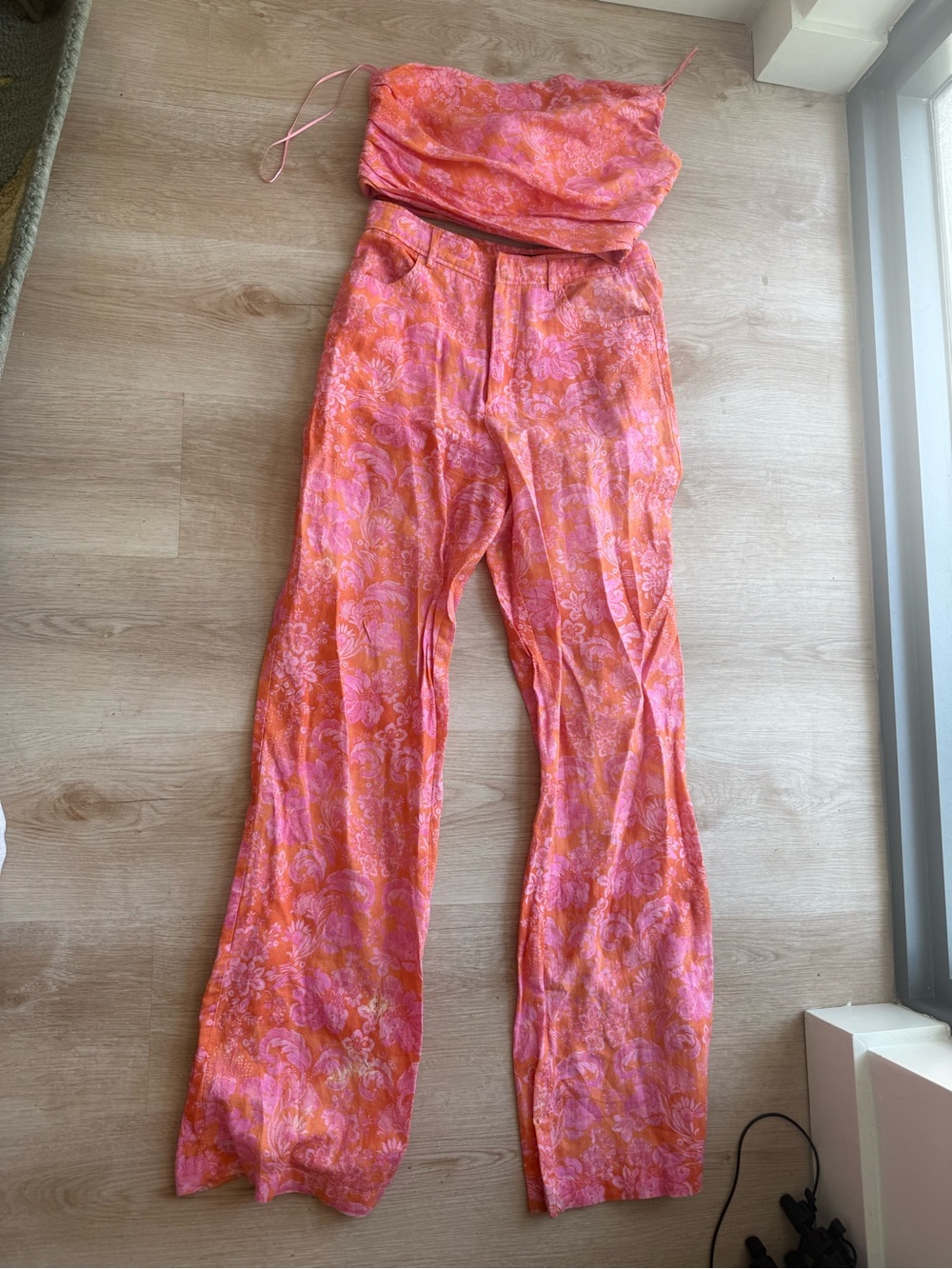 Zara linen matching set Pink & Orange Floral top and flare pants